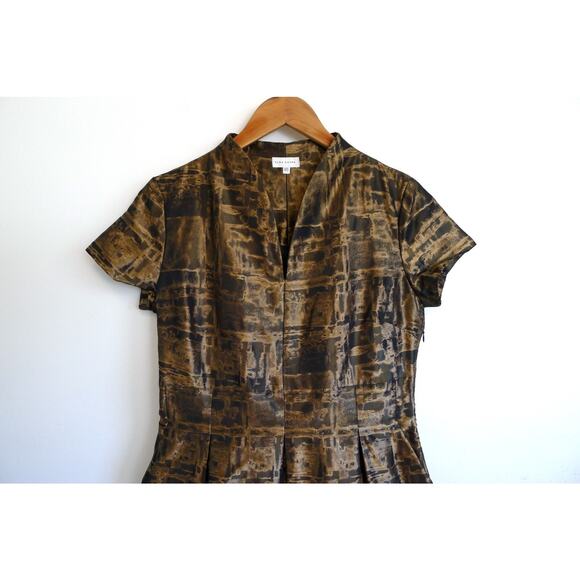 ALBA CONDE SPAIN Structured A-Line Pleat Gold Bronze Dress YOOX 40 6 M $595 - Picture 3 of 11